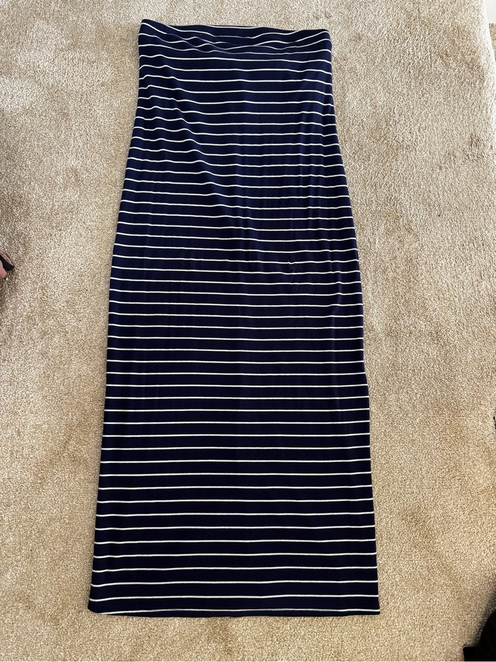Navy and White Striped Tube Maxi Dress